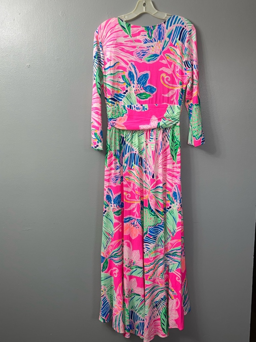 Lilly Pulitzer Montague Wrap Maxi Dress in the "Raz Berry Sunset Soiree" print. - Picture 8 of 9